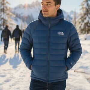 The North Face Puffer Jacket Belleview Down Mens Medium Blue Hoodie Stretch